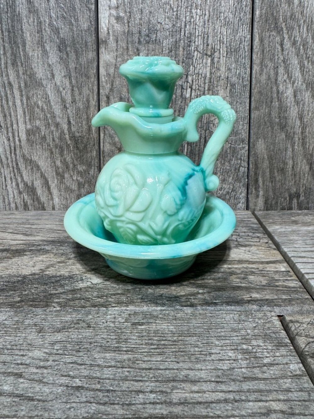 Vintage Avon Victoriana Rose Pitcher Bowl Set Jadeite Swirl glass Mini Decanter